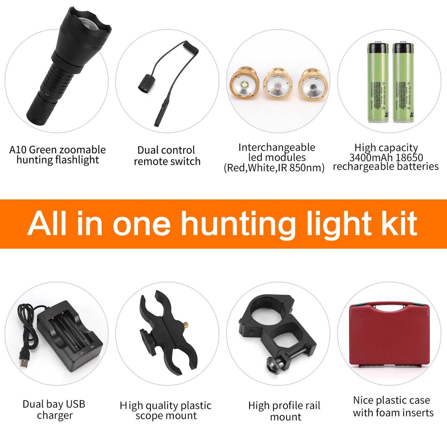 A10 Super Bright Zoomable Green Red Infrared Amber White Hunting Light for Predators, Varmints, Coyotes, Hogs, Racoons